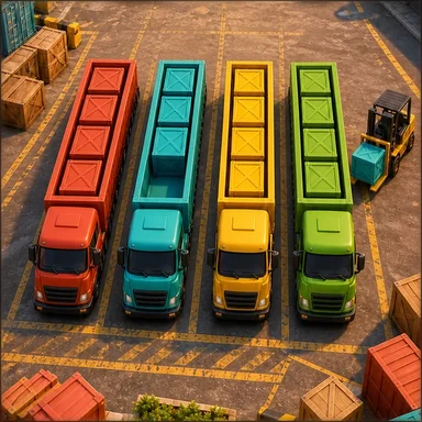 Four colourful cargo trucks and a forklift in a sorting yard