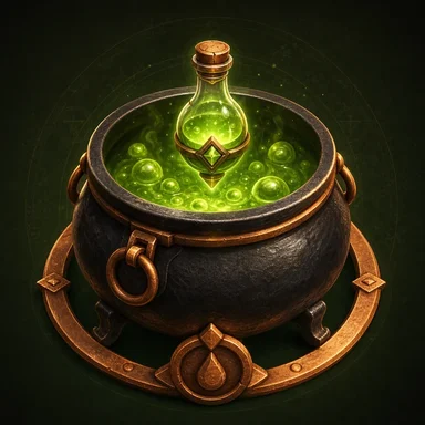 The Stircery cauldron, filled with a glowing green potion