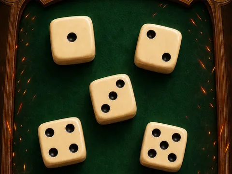 Ivory dice on green felt inside a brass riverboat table