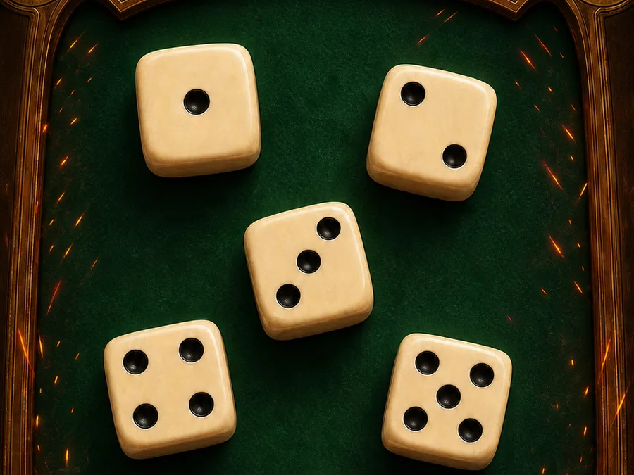 Ivory dice on green felt inside a brass riverboat table
