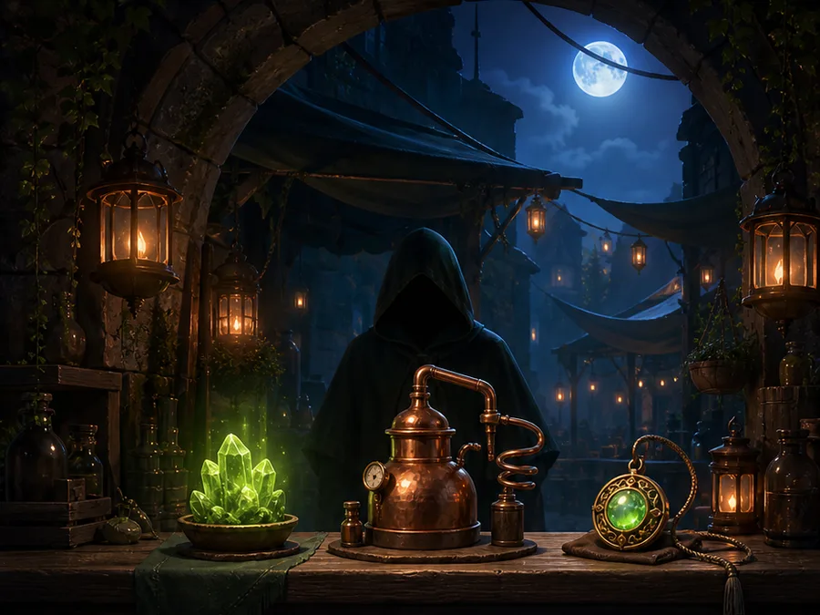 A moonlit alchemy stall with a copper still and glowing green crystal
